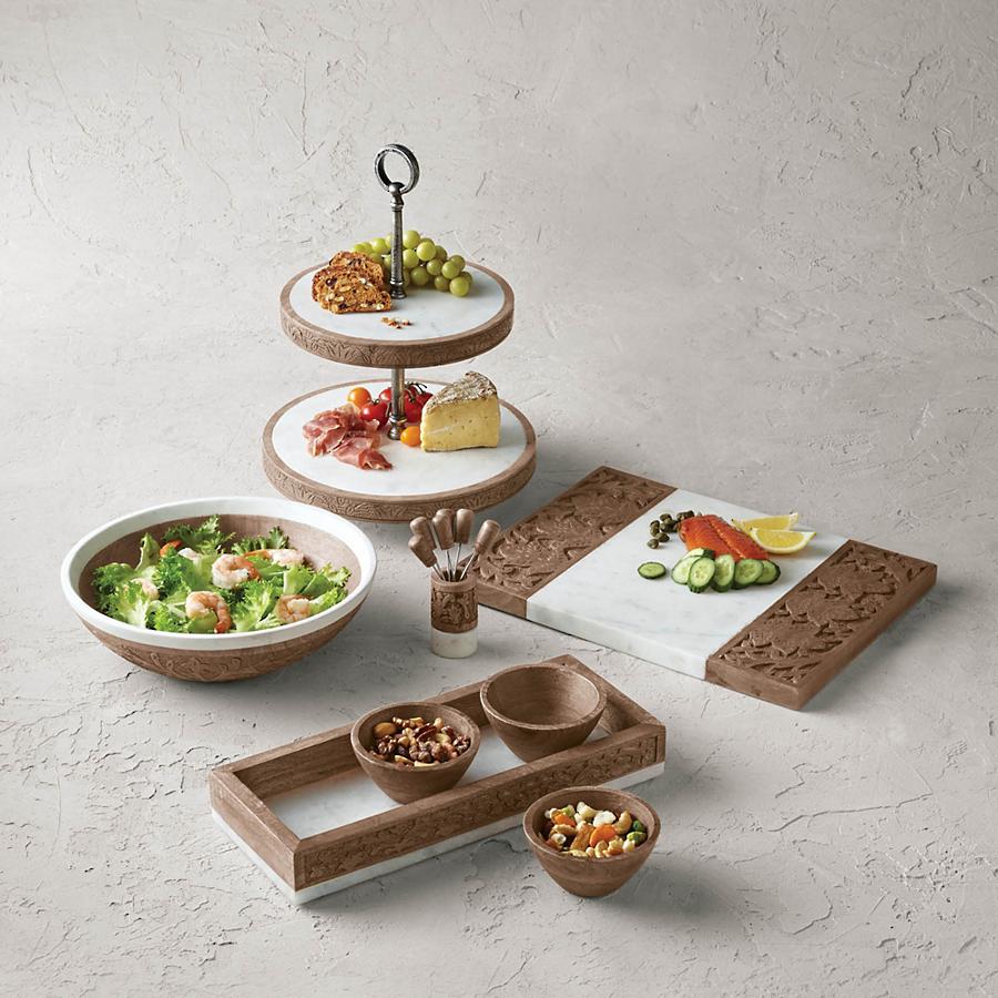 carved wood and marble serveware